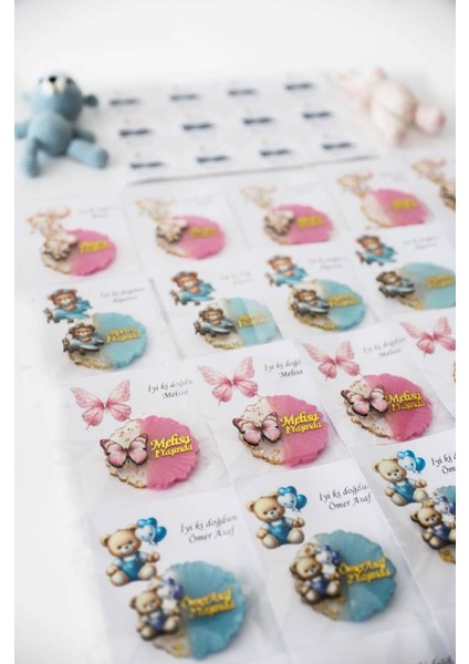 Pembe Balon ve Ayıcık Figürlü Kişiye Özel Kız Çocuk Doğum Günü Epoksi Magnet 20ADET indirimleri