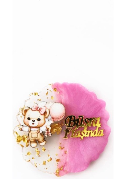 Pembe Balon ve Ayıcık Figürlü Kişiye Özel Kız Çocuk Doğum Günü Epoksi Magnet 20ADET