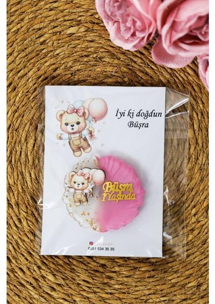 Pembe Balon ve Ayıcık Figürlü Kişiye Özel Kız Çocuk Doğum Günü Epoksi Magnet 20ADET