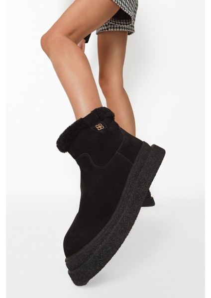 Kadın Siyah Fermuarlı Kalın Tabanlı Süet Deri Teddy Bot 25WFD492510