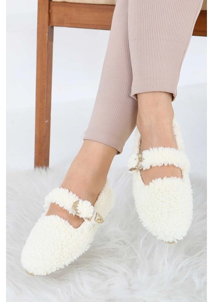 Kadın Tokalı Kışlık Babet Ev ve Dış Mekan Ayakkabısı - Beyaz - 39 fiyatları