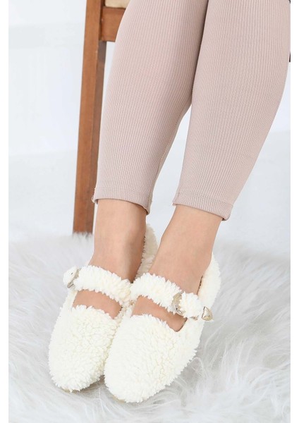 Kadın Tokalı Kışlık Babet Ev ve Dış Mekan Ayakkabısı - Beyaz - 39 modelleri