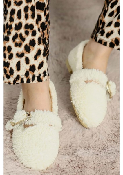 Kadın Tokalı Kışlık Babet Ev ve Dış Mekan Ayakkabısı - Beyaz - 39 fırsatları