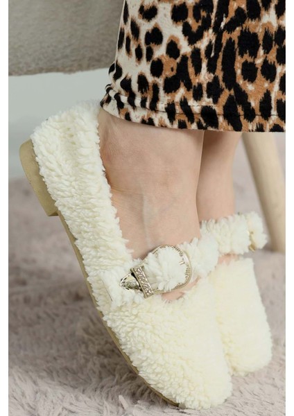 Kadın Tokalı Kışlık Babet Ev ve Dış Mekan Ayakkabısı - Beyaz - 39 indirimleri