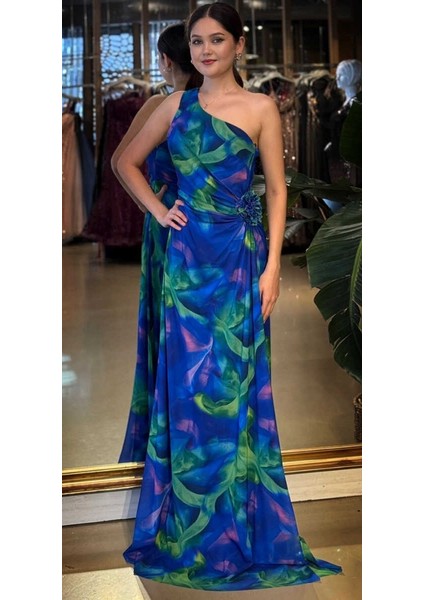 Saks Tek Omuzlu Çiçek Detaylı Kloş Etekli Desenli Uzun Abiye Elbise 11087-02