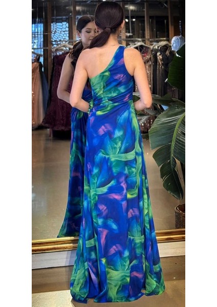 Saks Tek Omuzlu Çiçek Detaylı Kloş Etekli Desenli Uzun Abiye Elbise 11087-02 indirimleri