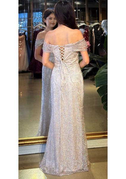 Bej Madonna Yaka Sırt Dekolteli Düz Kesim Simli Uzun Abiye Elbise 11113-06 indirimleri