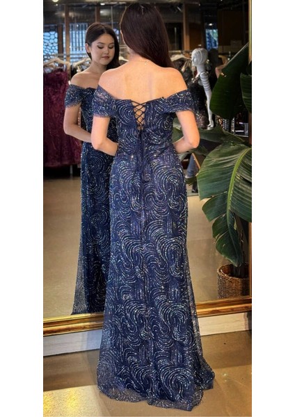 Lacivert Madonna Yaka Sırt Dekolteli Düz Kesim Simli Uzun Abiye Elbise 11113-04 indirimleri