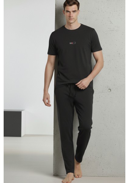 %100 Pamuk Penye Süprem Erkek 2'li Pijama Takımı Koyu Antrasit Kısa Kol Cep Ipli Relax Fit Düşük Pil Gücü fiyatları