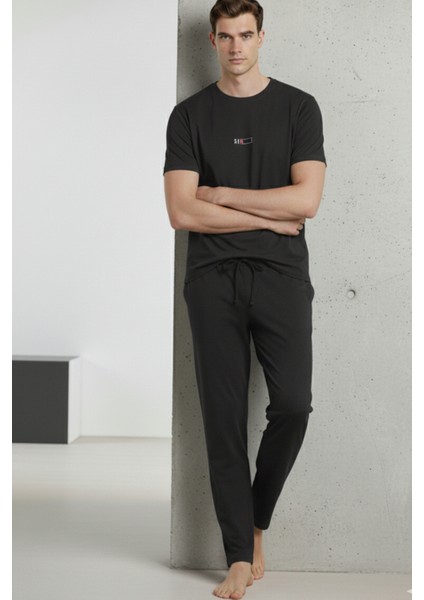%100 Pamuk Penye Süprem Erkek 2'li Pijama Takımı Koyu Antrasit Kısa Kol Cep Ipli Relax Fit Düşük Pil Gücü fırsatları