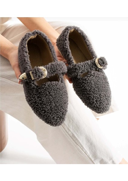 Kadın Tokalı Kışlık Babet Ev ve Dış Mekan Ayakkabısı - Füme - 38