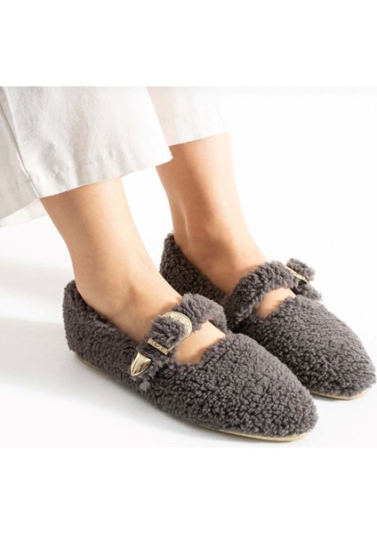 Kadın Tokalı Kışlık Babet Ev ve Dış Mekan Ayakkabısı - Füme - 38 indirimleri