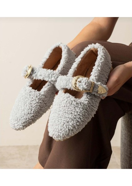 Kadın Tokalı Kışlık Babet Ev ve Dış Mekan Ayakkabısı - Gri - 38