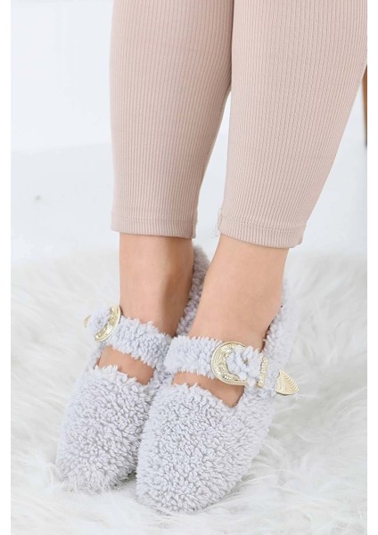 Kadın Tokalı Kışlık Babet Ev ve Dış Mekan Ayakkabısı - Gri - 38 fiyatları