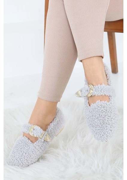 Kadın Tokalı Kışlık Babet Ev ve Dış Mekan Ayakkabısı - Gri - 38 modelleri