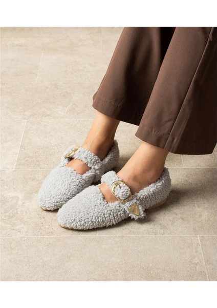 Kadın Tokalı Kışlık Babet Ev ve Dış Mekan Ayakkabısı - Gri - 38 indirimleri