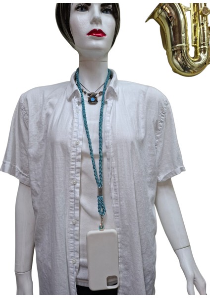 Mavi Taşlı Örgü Telefon Askısı Tüm Kılıflara Uyumlu