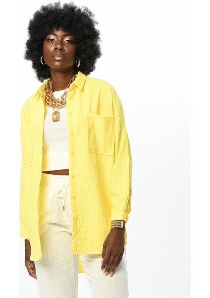 Kadın Kolları Büzgülü Desenli Oversıze Turuncu Gömlek