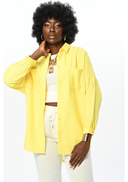 Kadın Kolları Büzgülü Desenli Oversıze Turuncu Gömlek fiyatları