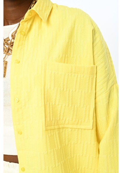 Kadın Kolları Büzgülü Desenli Oversıze Turuncu Gömlek modelleri