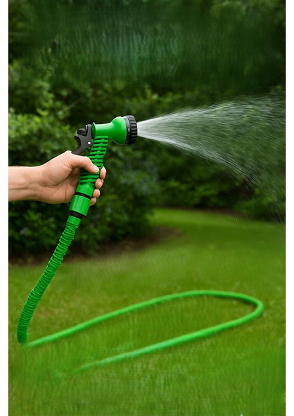 15 Metre Uzayan Bahçe Sulama Araç Yıkama Hortumu 7 Kademeli Başlık Tabanca