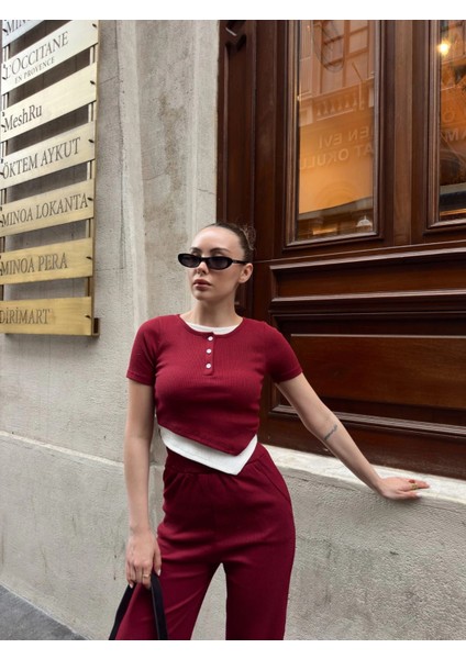 Düğme Yakalı Bordo Alt Üst Takım S3943 fırsatları