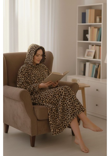 Serona Wellsoft Peluş Kapüşonlu Uzun Panço Yumuşak Dokulu Giyilebilir Tv Battaniyesi | Leopar S/m modelleri