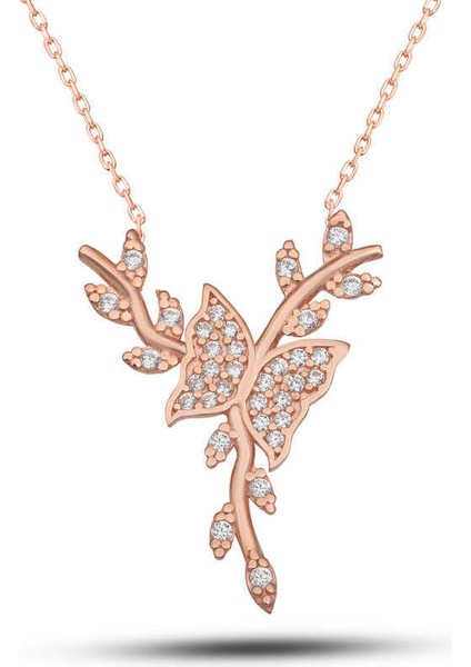 Gümüş Rose Daldaki Kelebek Kadın Kolye