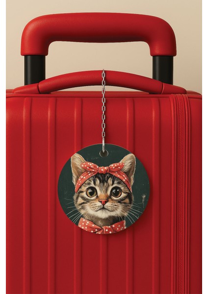 Desenli Baskılı Pleksi Zincir Aparatlı Bavul Etiketi Valiz Etiketi Minnoş Kedi