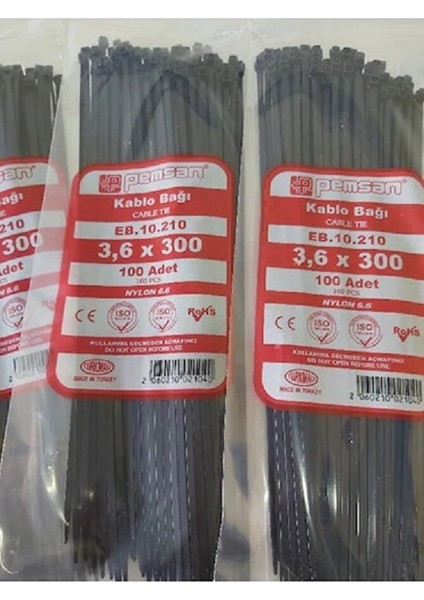 3.6X300 Plastik Cırt Kelepçe Kablo Bağı Siyah 100'LU Paket