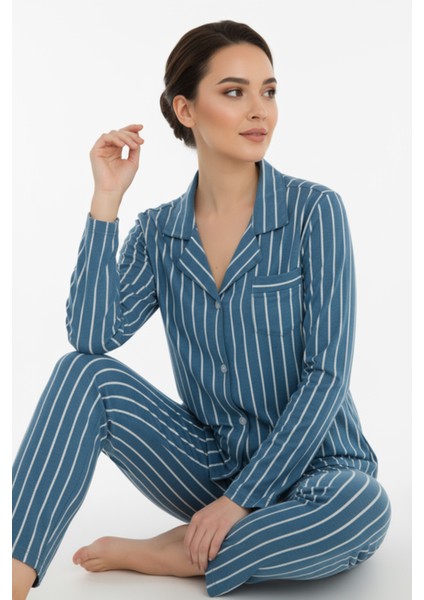 Luxury Viscose Petrol Mavi Çizgili Kadın Uzun Kollu Pijama Takımı – 42552