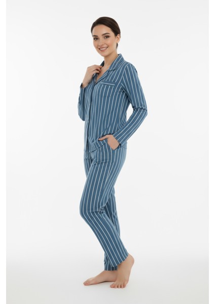 Luxury Viscose Petrol Mavi Çizgili Kadın Uzun Kollu Pijama Takımı – 42552 fiyatları