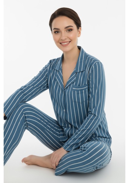 Luxury Viscose Petrol Mavi Çizgili Kadın Uzun Kollu Pijama Takımı – 42552 indirimleri