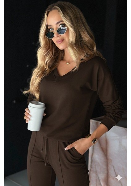 Kadın Uzun Kollu V Yakalı Viskon Iki Iplik Bluz ve Pantolon Ikili Takım fırsatları