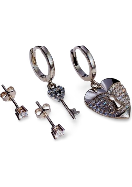 925 Gümüş Anahtar Kalp Tasarım Çoklu Modern Kombin Kadın Küpe