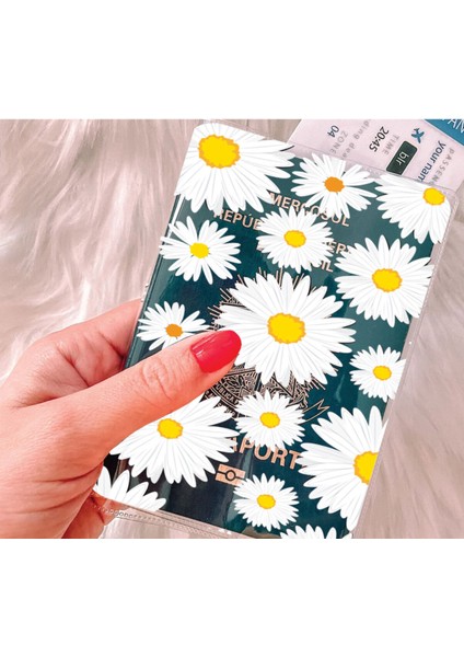 Tüm Ülke Pasaportları ile Uyumlu Şeffaf Pvc Baskılı Cepli Pasaport Kılıfı Kabı - Papatya