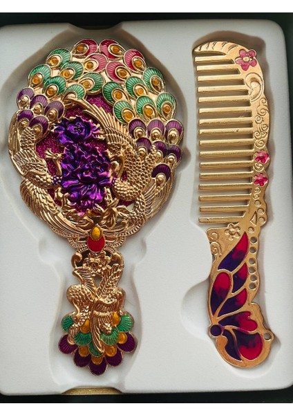 Ayna Tarak Seti, Kutulu-Metal-Hediyelik Takım, 13CM Aynalı Saç Fırçası, Tavuskuşu Figürlü