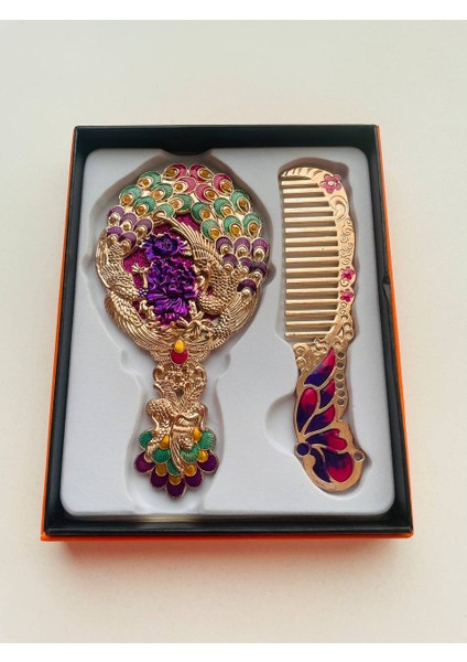 Ayna Tarak Seti, Kutulu-Metal-Hediyelik Takım, 13CM Aynalı Saç Fırçası, Tavuskuşu Figürlü modelleri