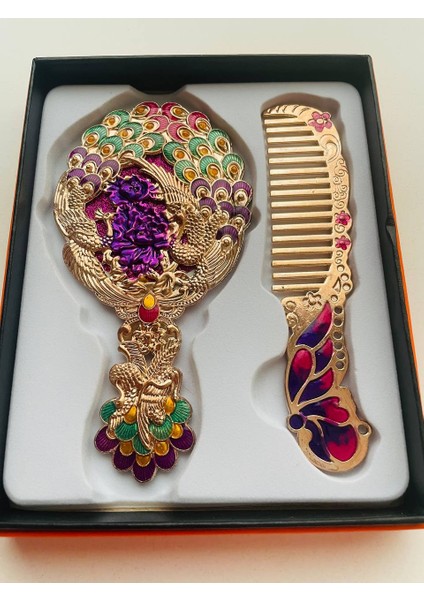 Ayna Tarak Seti, Kutulu-Metal-Hediyelik Takım, 13CM Aynalı Saç Fırçası, Tavuskuşu Figürlü fırsatları
