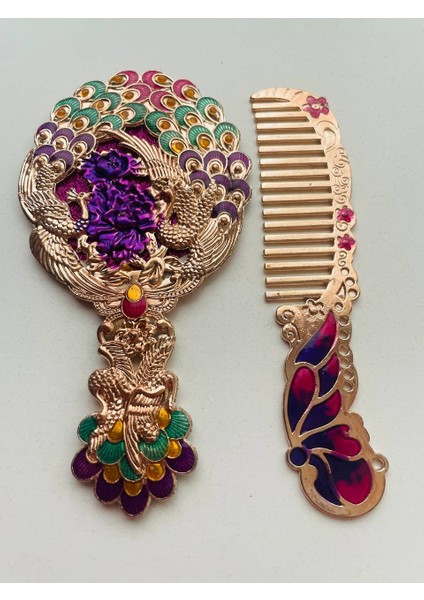 Ayna Tarak Seti, Kutulu-Metal-Hediyelik Takım, 13CM Aynalı Saç Fırçası, Tavuskuşu Figürlü