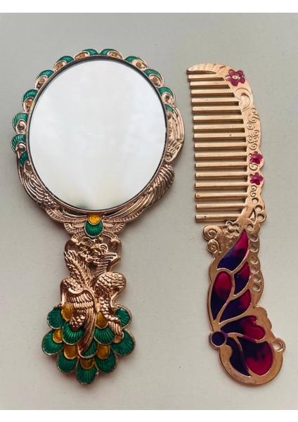 Ayna Tarak Seti, Kutulu-Metal-Hediyelik Takım, 13CM Aynalı Saç Fırçası, Tavuskuşu Figürlü