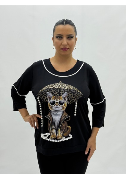 Büyük Beden Kedi Desenli Inci Detaylı Kapri Kol Geniş Kalıp Viskon Kadın Bluz fiyatları
