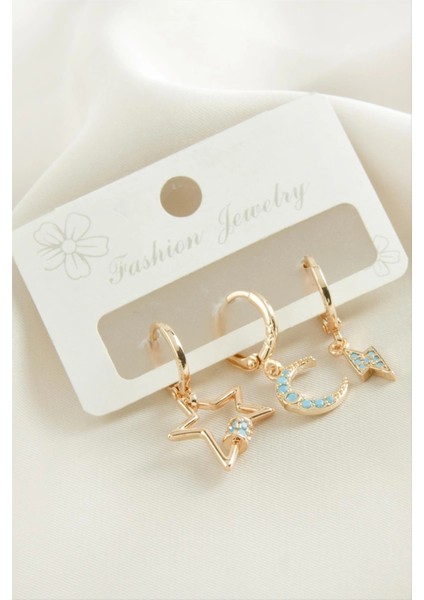 3 Adet Hilal Yıldız Zirkon Taşlı Küpe