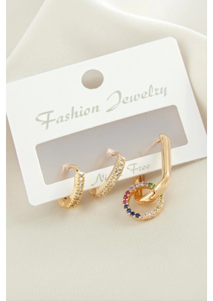 3 Adet Halka Zirkon Taşlı Küpe