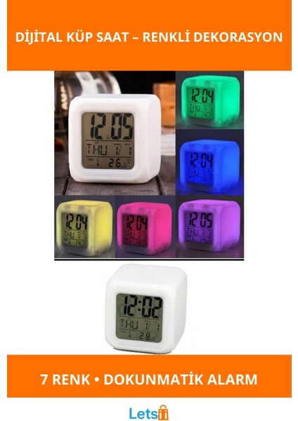 Renk Değiştiren Alarmlı Dijital Küp Saat 7 Renkli Tasarım