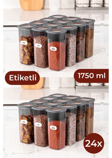 Etiketli Foly Kare Erzak Saklama Kabı Seti 24LÜ 1,75 Büyük Boy Antrasit
