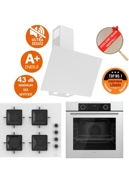 Fryart & Flowart Astra Sessiz Davlumbaz Beyaz Ankastre Set ( D081-SA + SS206 + XE63CB )