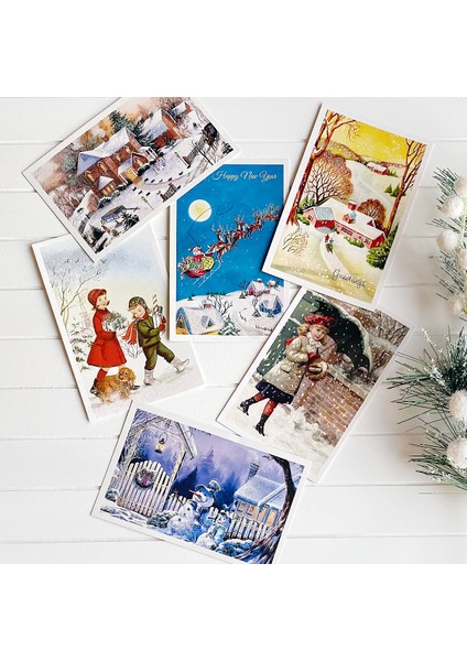 6lı Simli Kartpostal Seti, Yılbaşı, Noel Baba ve Geyikler