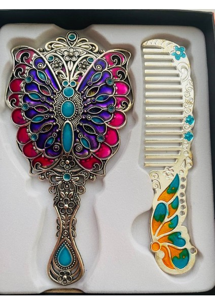 Ayna Tarak Seti, Kutulu-Metal-Hediyelik Takım, 13CM Aynalı Saç Fırçası, Tavuskuşu Figürlü