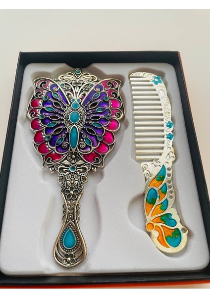 Ayna Tarak Seti, Kutulu-Metal-Hediyelik Takım, 13CM Aynalı Saç Fırçası, Tavuskuşu Figürlü modelleri